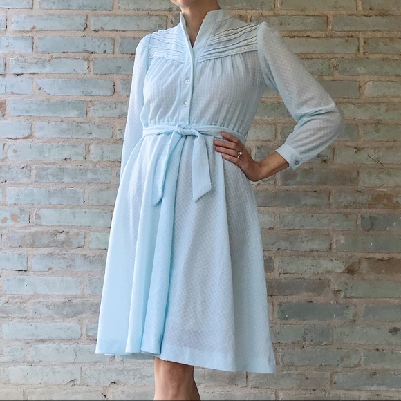 Vintage Dresses & Skirts - Vintage Shirtwaist Dress 70s Blue Prairie Midi